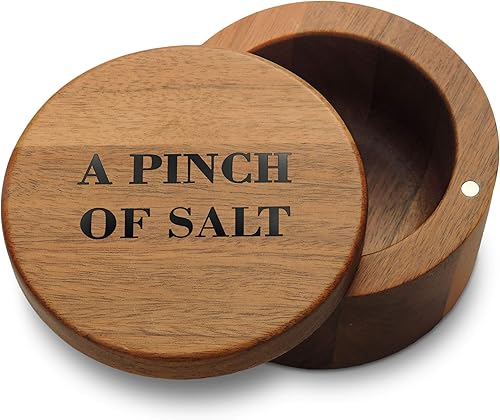 Cookbook People Soporte para caja de sal de madera de acacia pizca de sal en la tapa giratoria magnética