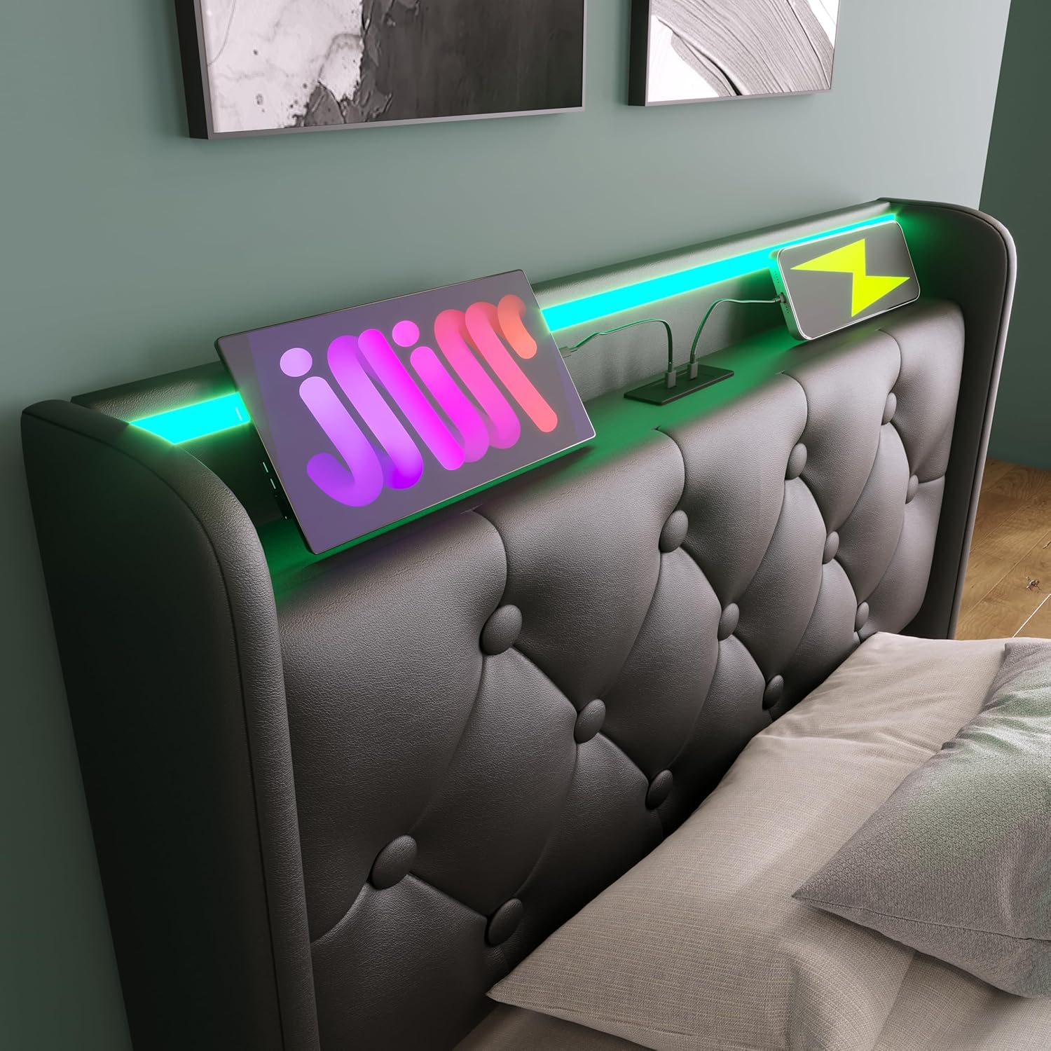 Twin Size Lift Up Storage Bed Frame with LED Light, Charging Station and Storage Headboard, Upholstered Twin Size Platfom Bed Frame, Modern LED Bedframe with Hydraulic System, Black