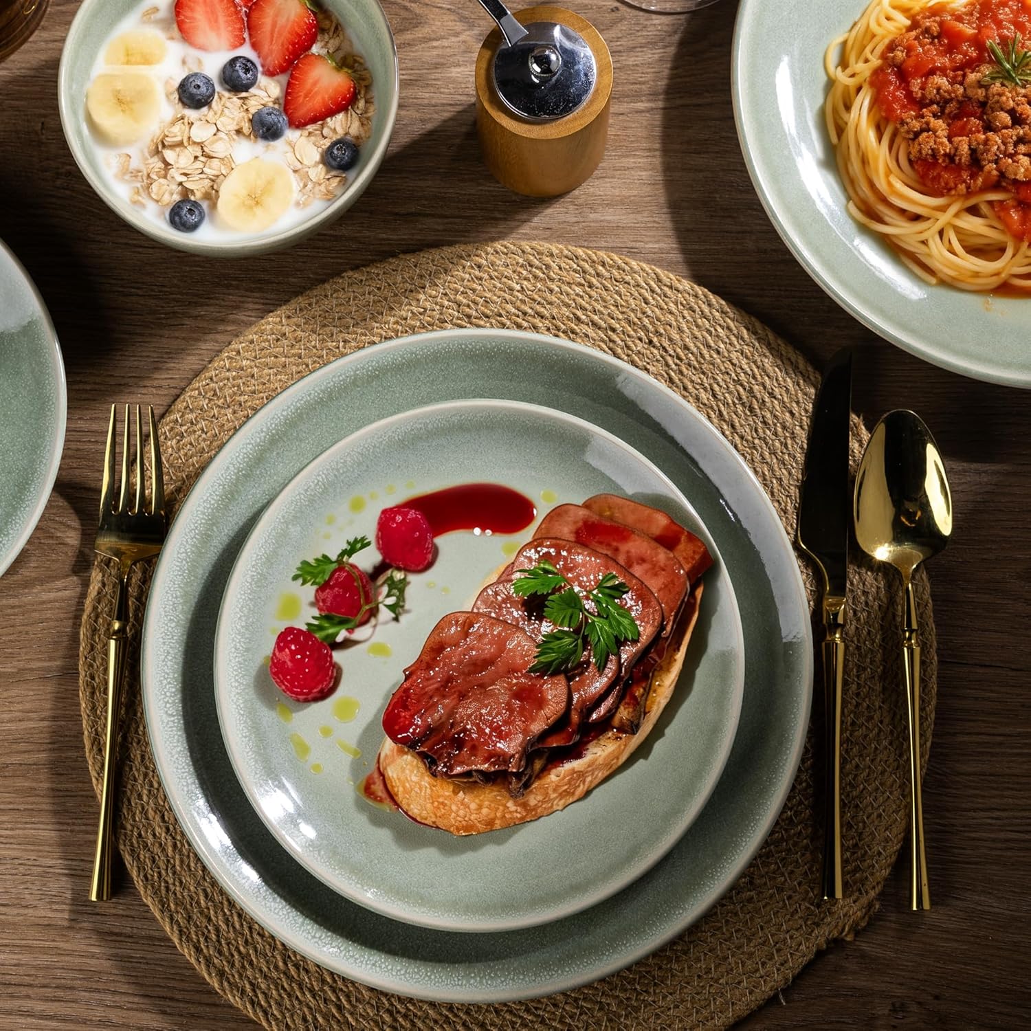 AmorArc Ceramic Dinnerware Sets for 4, 12 Pieces Handpainted Plates and Bowls Set, Scratch Resistant Stoneware Dishes Set, Dishwasher & Microwave Safe, Olive Green