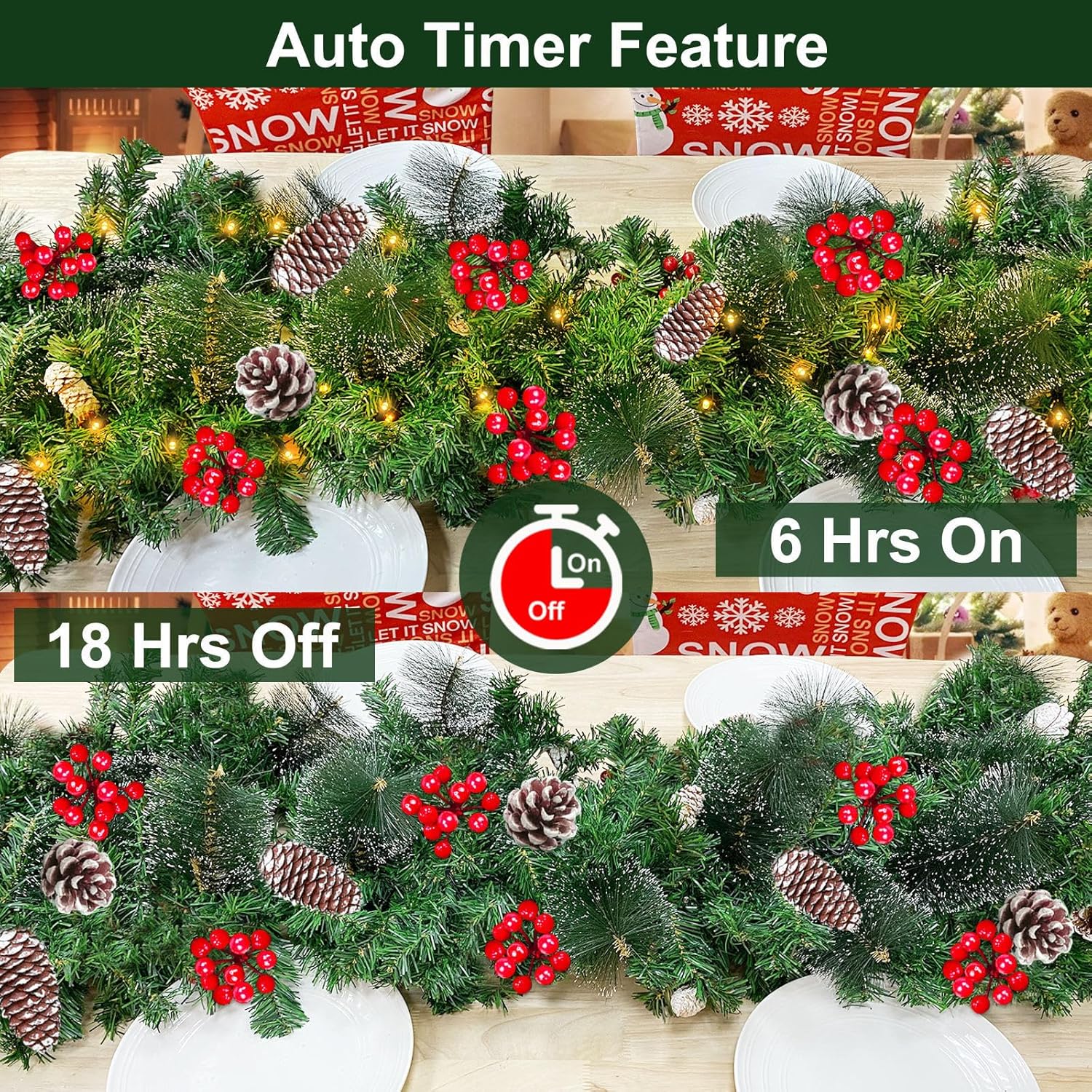 6 Ft by 10 Inch Pre-lit Artificial Christmas Garland with 30 Warm Lights Timer Battery Operated 150 Snowy Bristle Pine Branches 56 Red Berries 8 Pinecones Xmas Decor for Home Indoor Mantle Fireplace - Image 3