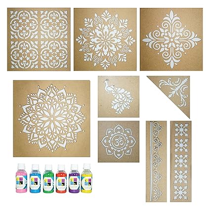 SWAGSTATION Mandala Rangoli Stencil Making Tools Kit, Rangoli Decoration with 6 Rangoli Powder, Set of 9 Stencils & 6 Color Powder, Multicolor Rangoli Stencils Big Size, Stencils for Rangoli Design