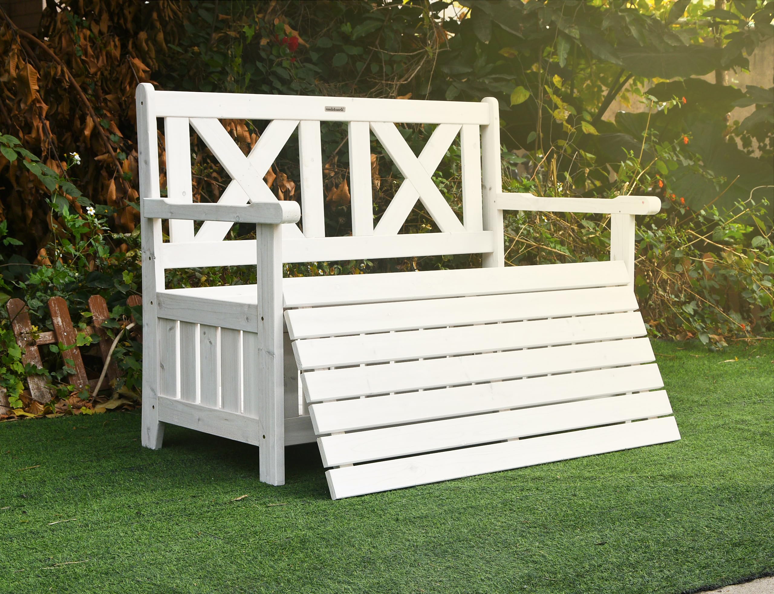 needs&wants® Banco de jardín de madera resistente a la intemperie con espacio para guardar cosas y funda, banco de madera clásico de 2 plazas con arcón, banco de jardín macizo con arcón madera natural