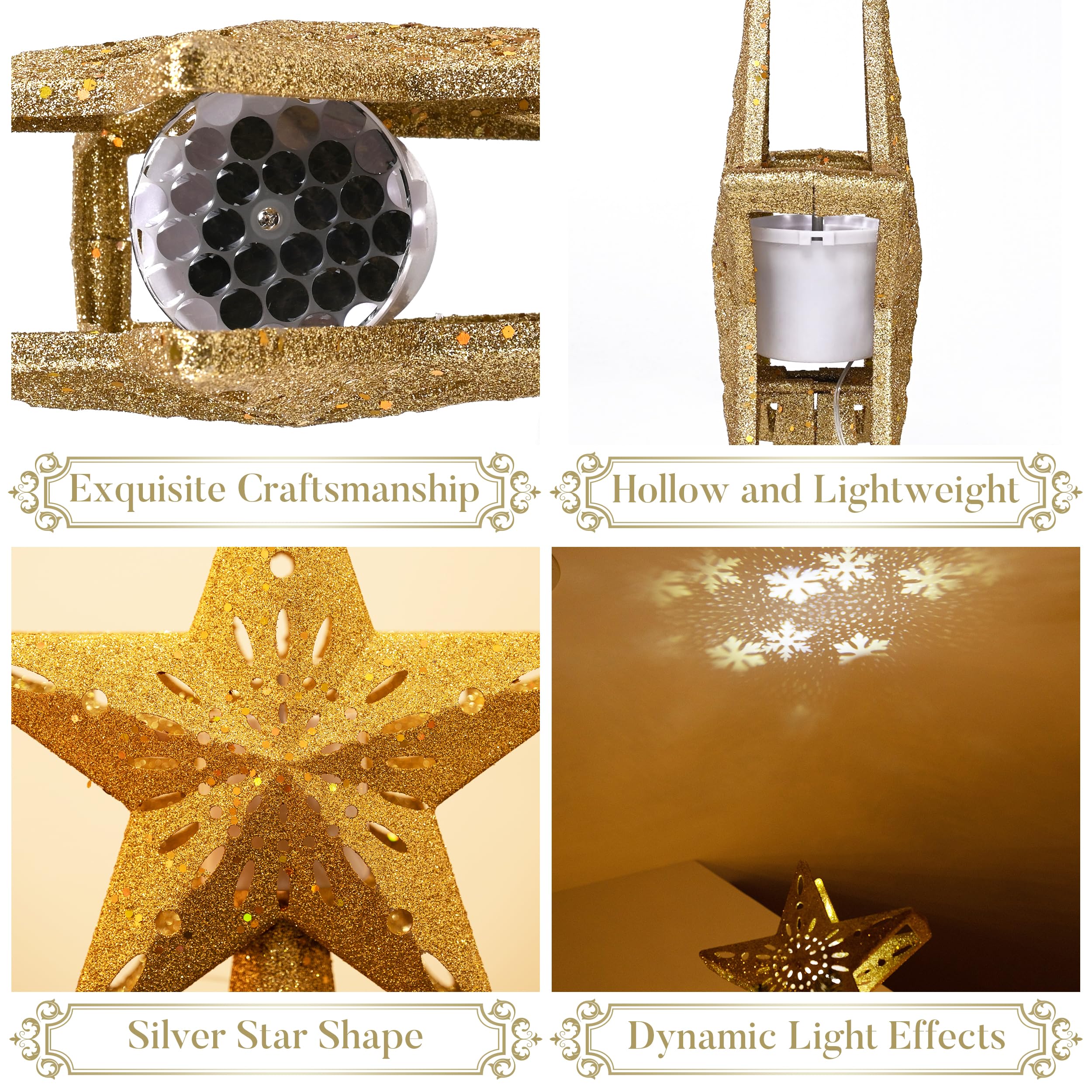Valery Madelyn Cimier de sapin de Noël en forme d'étoile pour décoration de Noël d'intérieur, 25,4 cm - Flocon de neige amusant en plastique rouge, vert et doré - Minuterie pour projection de lumières