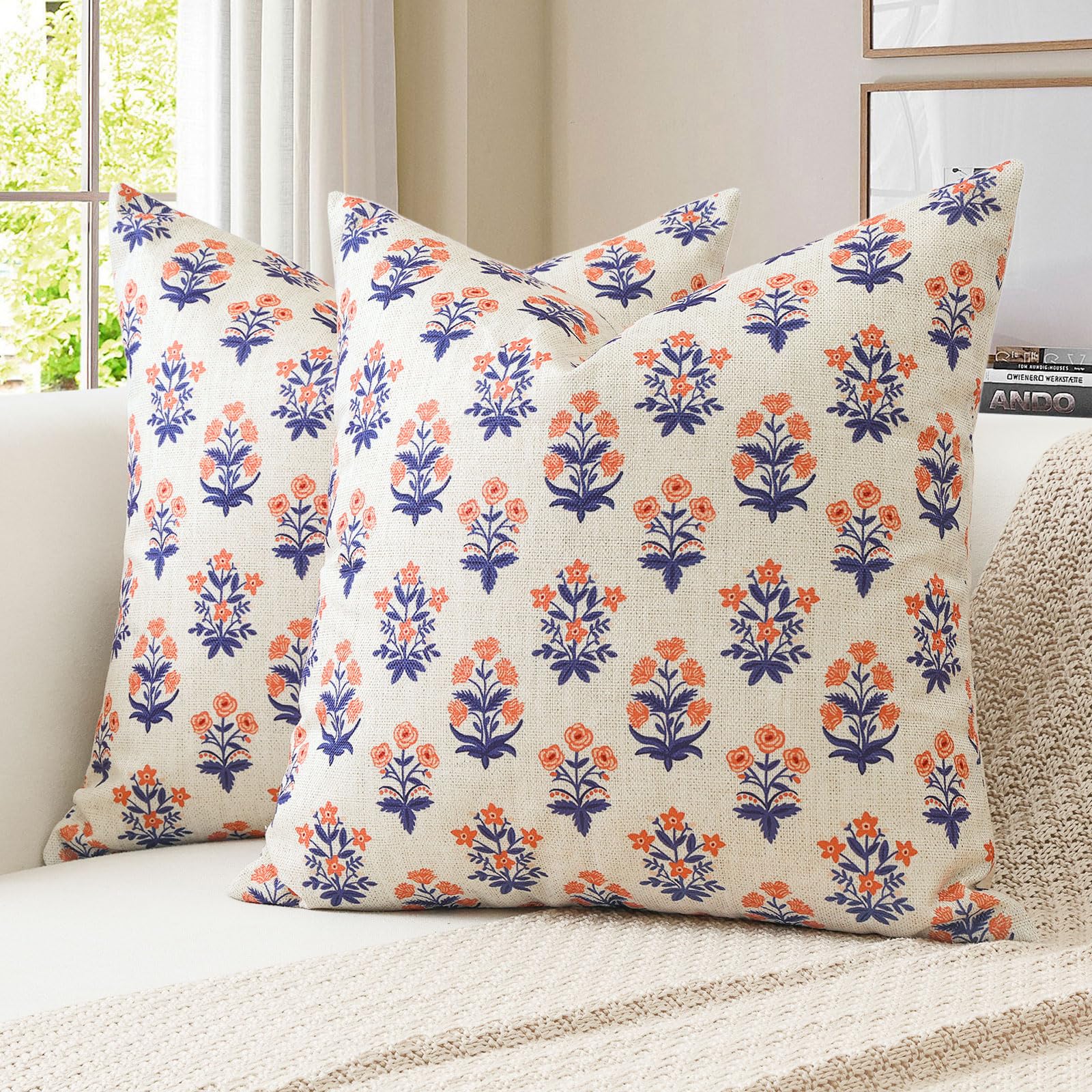 JOTOM Blue Orange Floral Cushion Covers 55x55 cm Set of 2 Double Sided Vintage Flower Printed Pillow Covers Farmhouse Decorative Throw Pillow Cases for Couch Sofa Bedroom (Navy Blue Orange)
