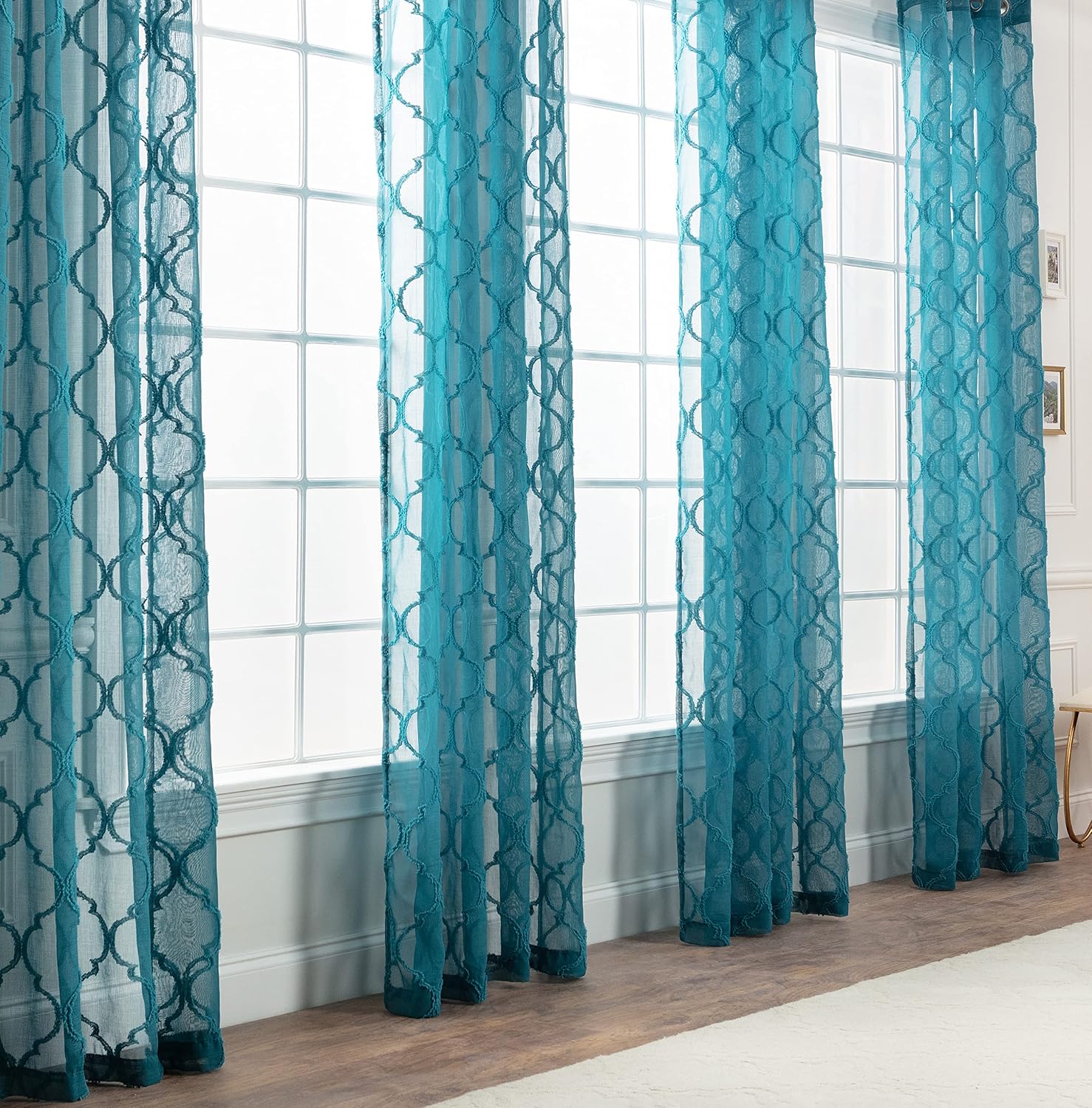 Chanasya Premium 2-Panel Moroccan Embroidered Grommet Textured Sheer Curtain Panels - for Windows Living Room Bedroom Office - Translucent Window Drapes for Home - 52 x 63 Inches Long - Teal