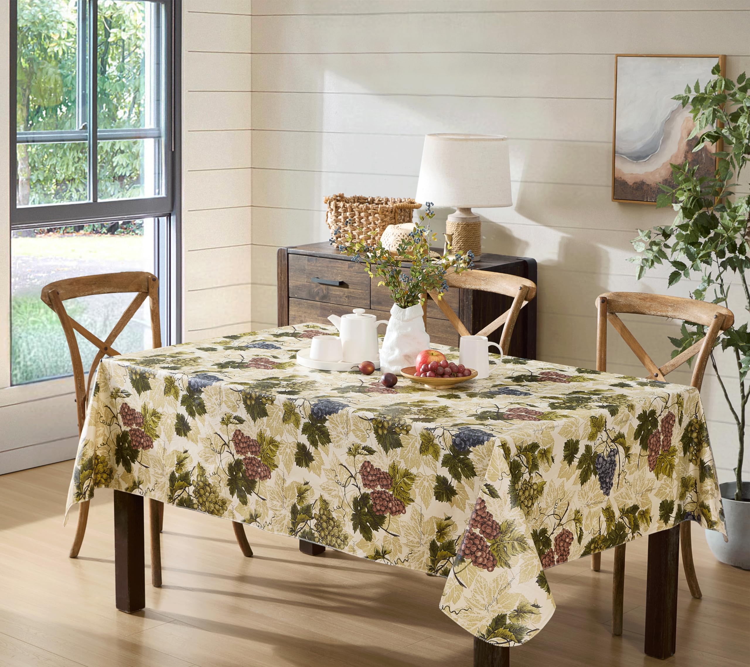Newbridge 52 x 52 Inch Square Vinyl Tablecloth with Flannel Backing, Grapevine Print, Grape Theme Indoor Outdoor Waterproof Table Cover, Picnic, Barbeque, Patio and Kitchen Dining