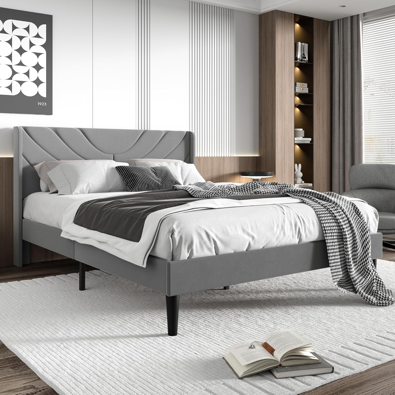 VECELO Queen Size Upholstered Platform Bed Frame with Fabric Headboard,Wooden Slats Support/No Box Spring Needed/Mattress Foundation,Dark Gray