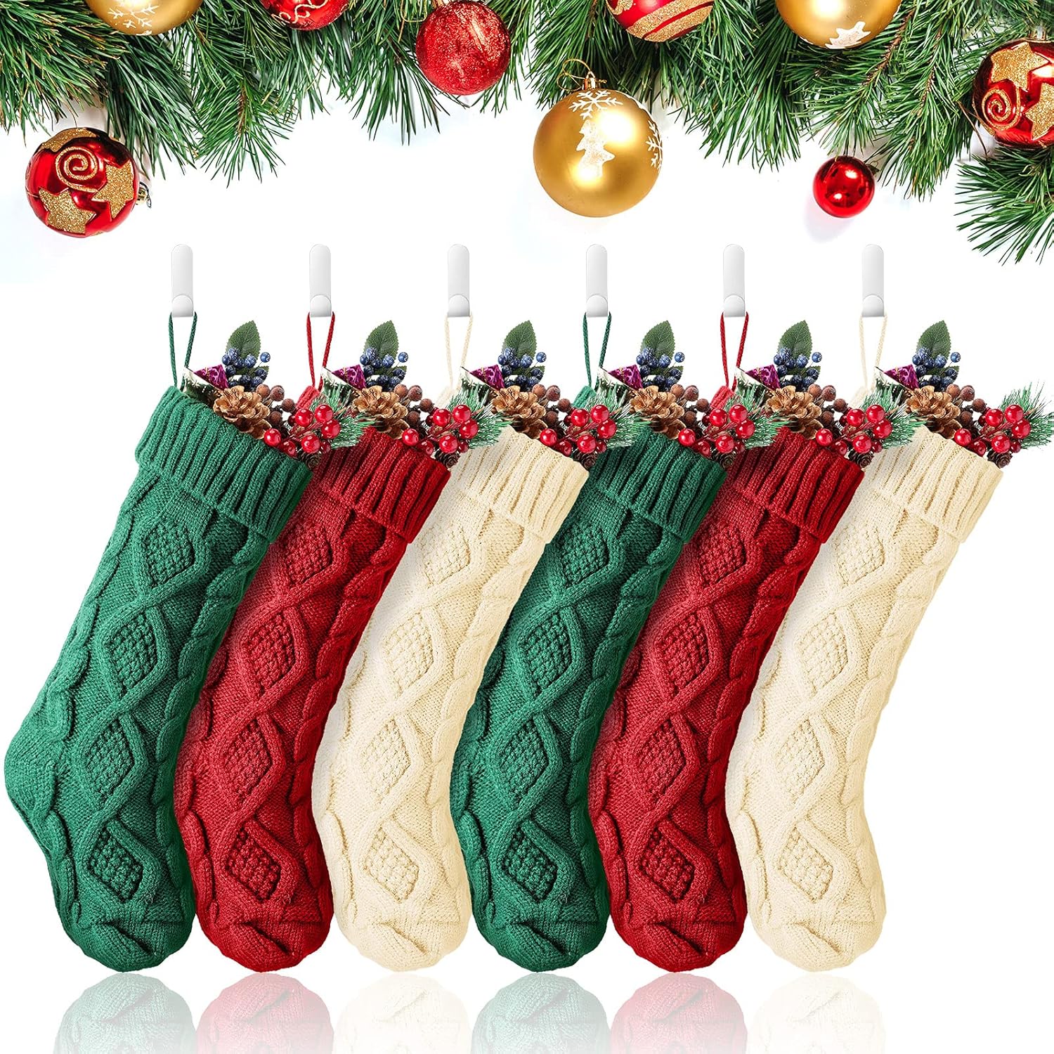 Zhanmai 6 Pack Cable Knit Christmas Stockings with Holders Large Classic Xmas Fireplace Hanging Stockings