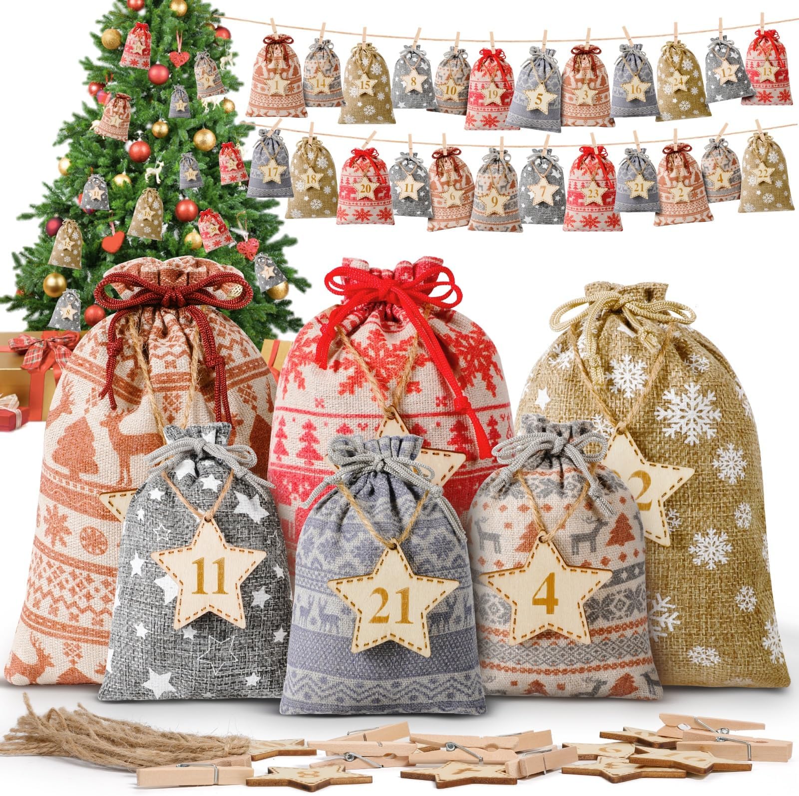Adventskalender Zum Selbstbefüllen - 24 Tüten Mit Seil Für Weihnachtsdekoration