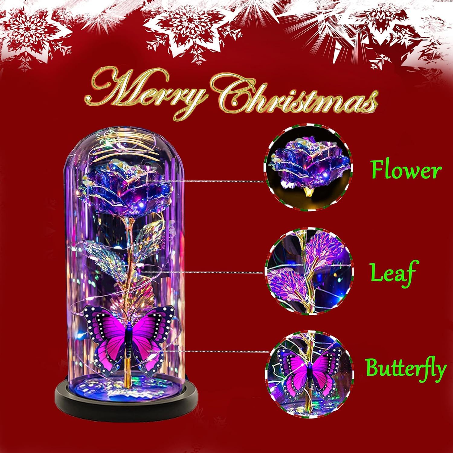 Valentines Rose Flowers Gifts for Her Women Mom Wife,Galaxy Crystal Light Up Purple Rose in Glass Dome Rose Gifts for Mom Girlfriend,Valentines Day Gifts for Her,Butterfly Birthday Gifts for Women - Image 4