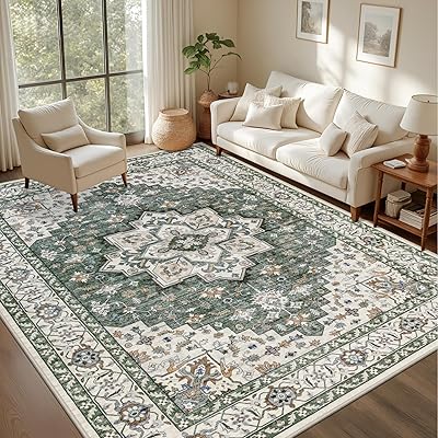 6x9 Area Rugs Living Room Rug: Washable Vintage Boho Medallion Rug No Slip Stain Resistant Soft Carpet Indoor Large Carpets for Bedroom Dining Room Farmhouse Nursery Hallway Home Office Green Ivory