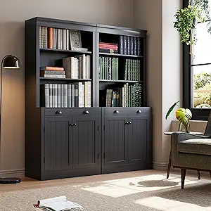 GarveeHome 5-Tier Bookshelf, 70 Inch Tall Bookcase with 2 Doors and 1 Drawer, Modern Pantry Sideboard with Adjustable Shelf, Wooden Storage Cabinet for Living Room, Study, Home Office, Black