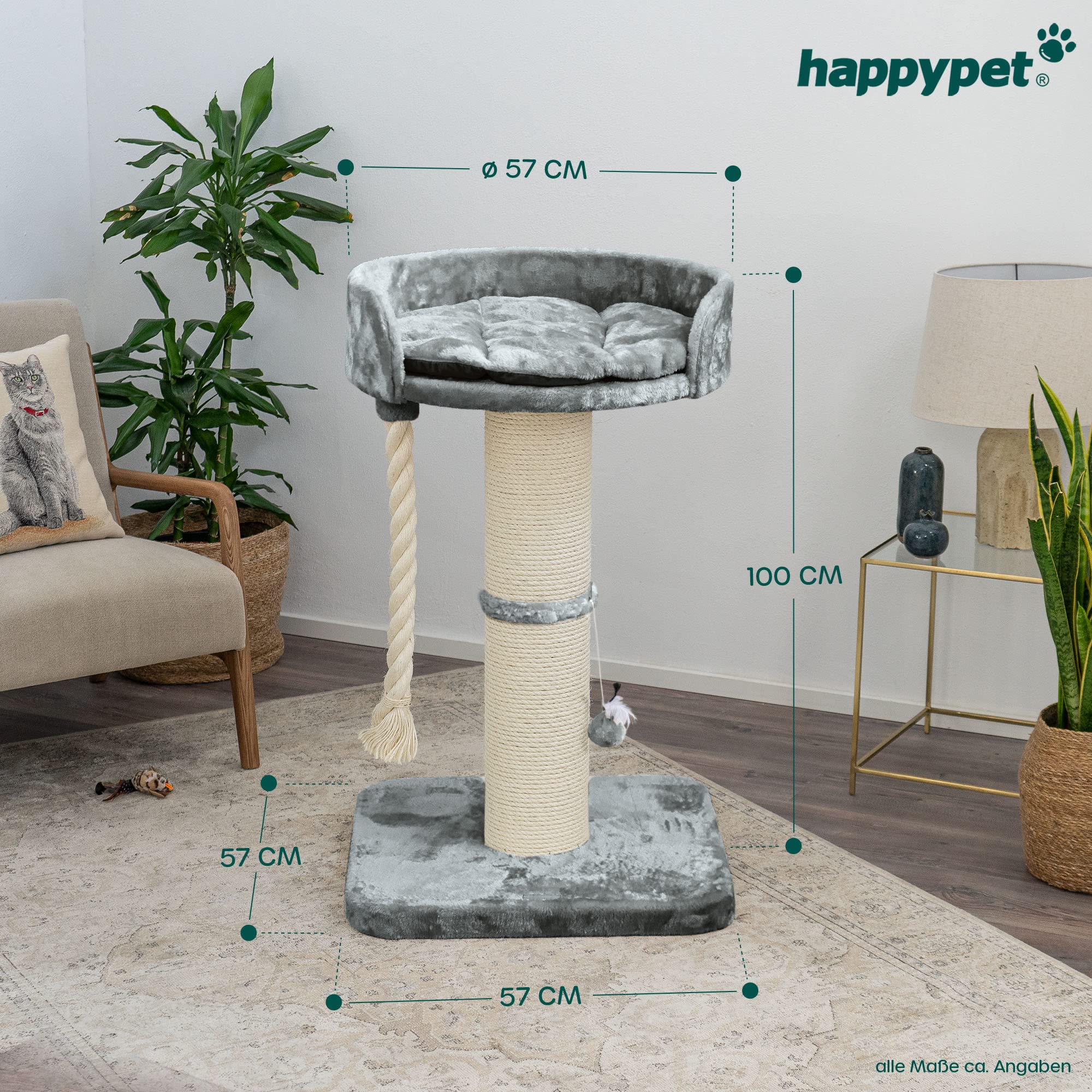 HAPPYPET Premium Kratzbaum 'Balu' Grosse Katzen Stabil - Katzenbaum, Kletterbaum, für Maine Coon, Ragdoll, Robustes Natursisal, Dicke Stämme 18 cm, 100 cm hoch, Grau