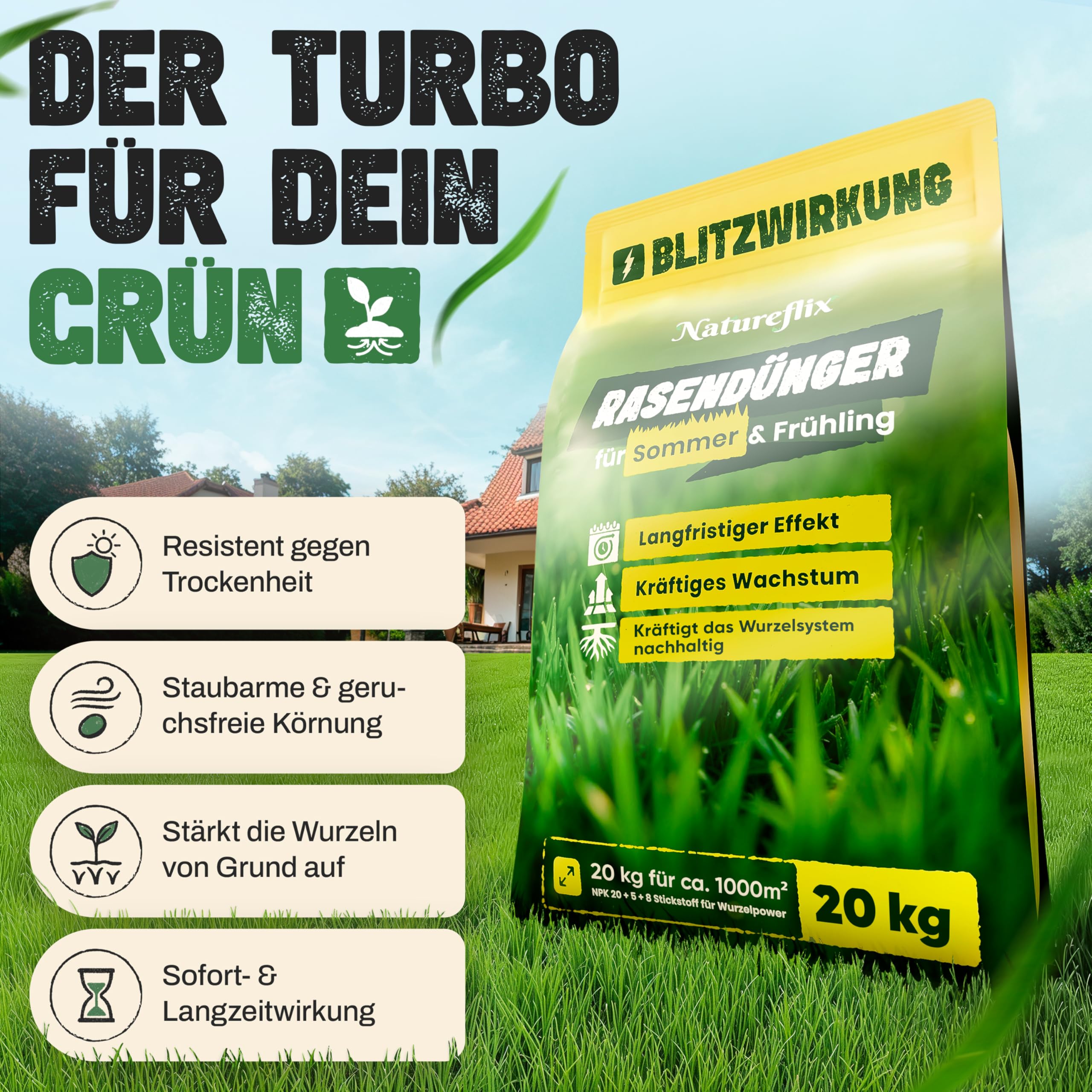 Rasendünger Frühjahr & Sommer inkl. Handstreuer | Tierfreundlicher Langzeitdünger für jeden Rasendünger frühling | (Staubarme Körnung 2-5mm) | Frühlingsdünger (20kg für 1000m²)