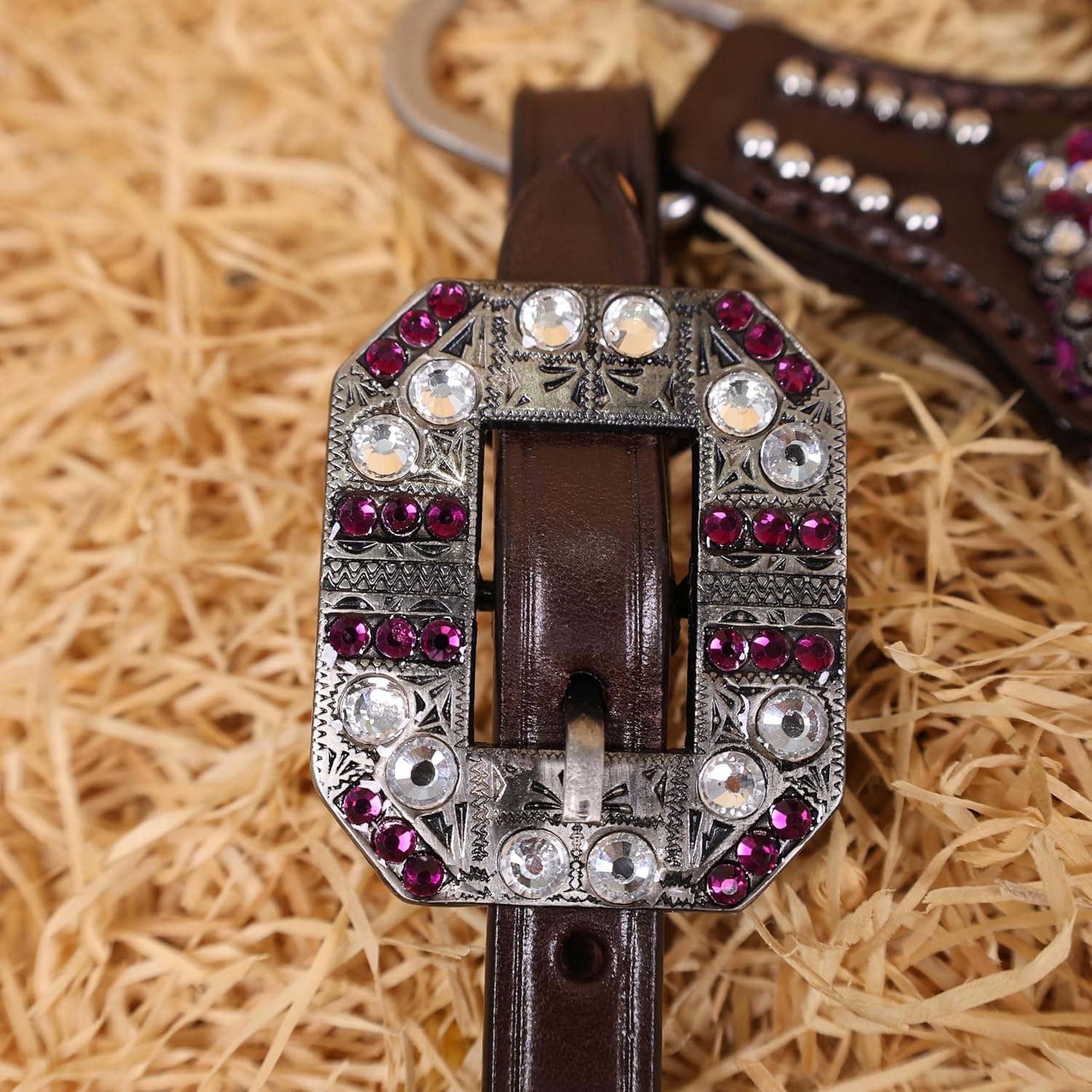 Silver Metallic Acid Wash Horse Tack Set - Genuine Argentina Leather One Ear Horse Bridle with Rhinestones - Ideal Christmas Horse Tack for Barrel Racing & Everyday Riding