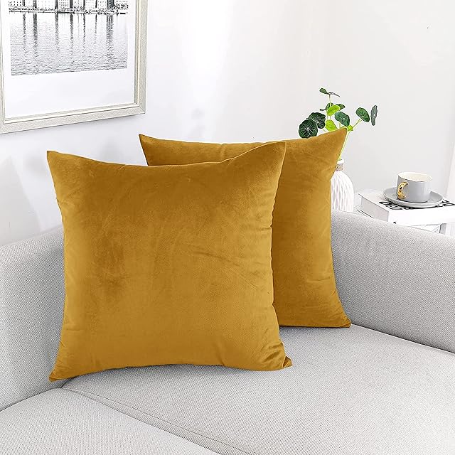 AMEHA Velvet Cushion Covers 45 x 45 cm Set of 2 Square Throw Pillow Cases Decorative Bedroom Cushion Covers for Sofa Living Room Car with Invisible Zipper (Ochre, 18 x 18 Inch)
