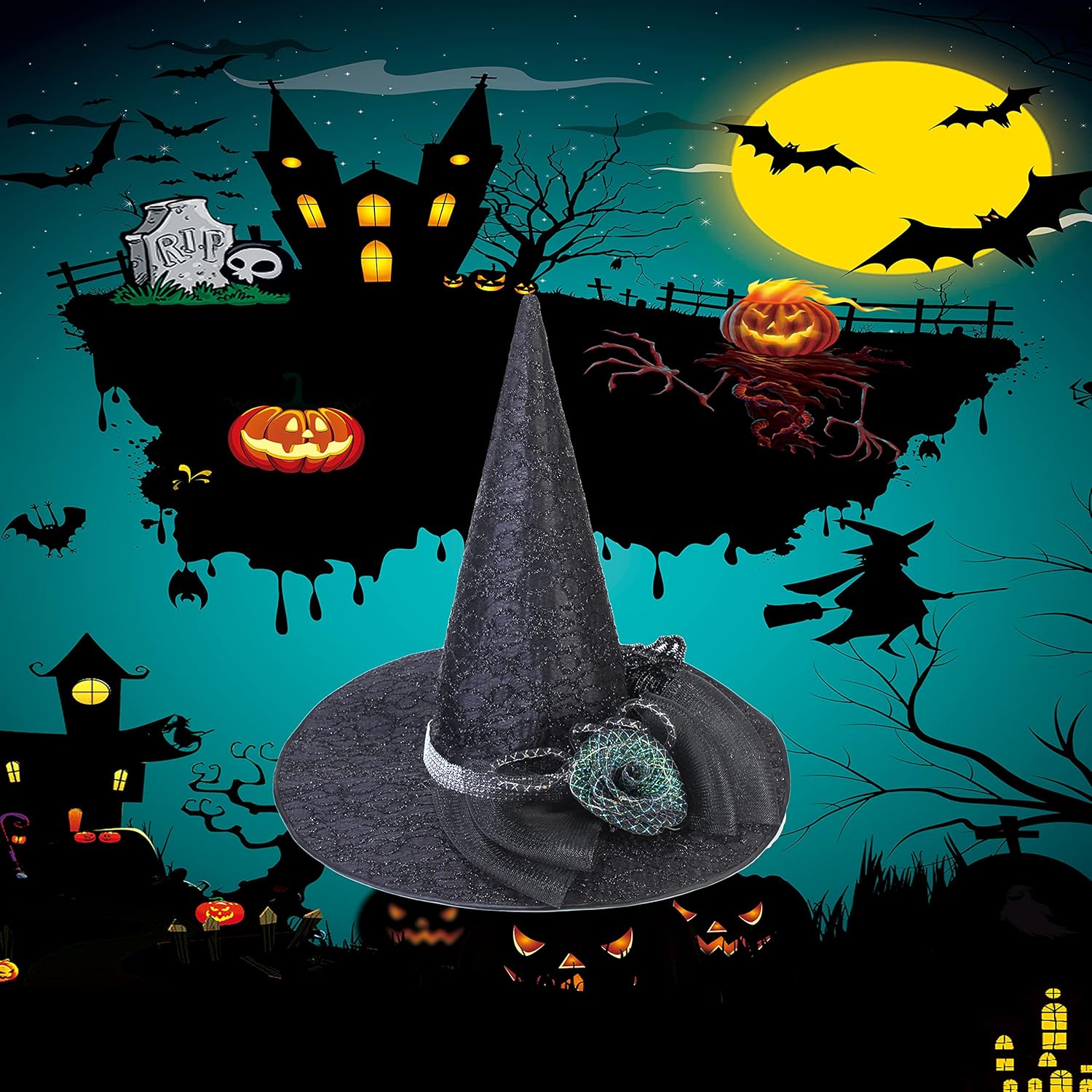 Halloween Costume Witch Hats for Women Steeple Top with Lamp for Party