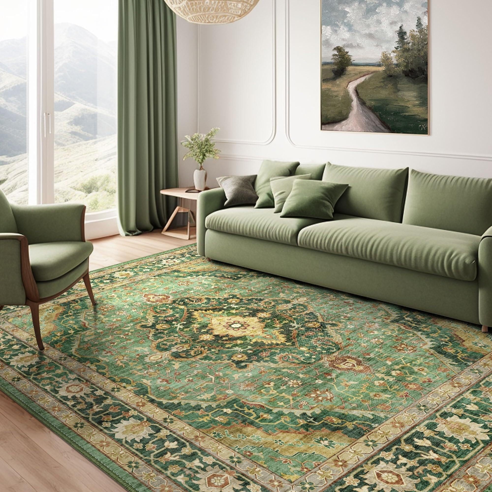 Tapis antidérapant et lavable style vintage oriental couleur vert neutre