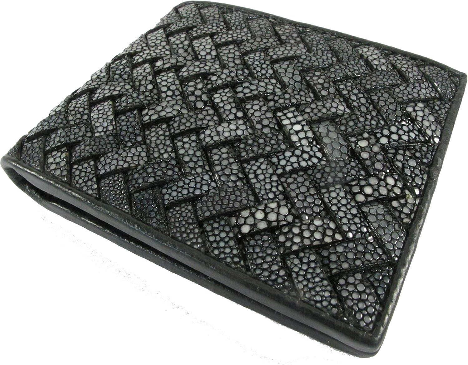 Genuine Polished Stingray Shagreen Skin Leather Intrecciato Braid Handmade Bifold Wallet New (Black)