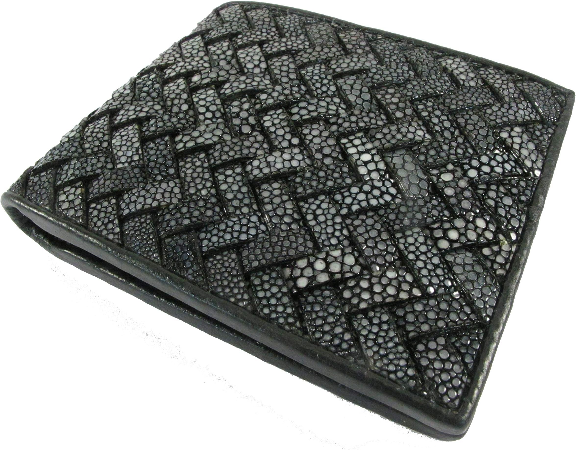 Genuine Polished Stingray Shagreen Skin Leather Intrecciato Braid Handmade Bifold Wallet New (Black, [B1] - 6 Cards Slot + 2 ID Windows + 2 Compartment for Bills)