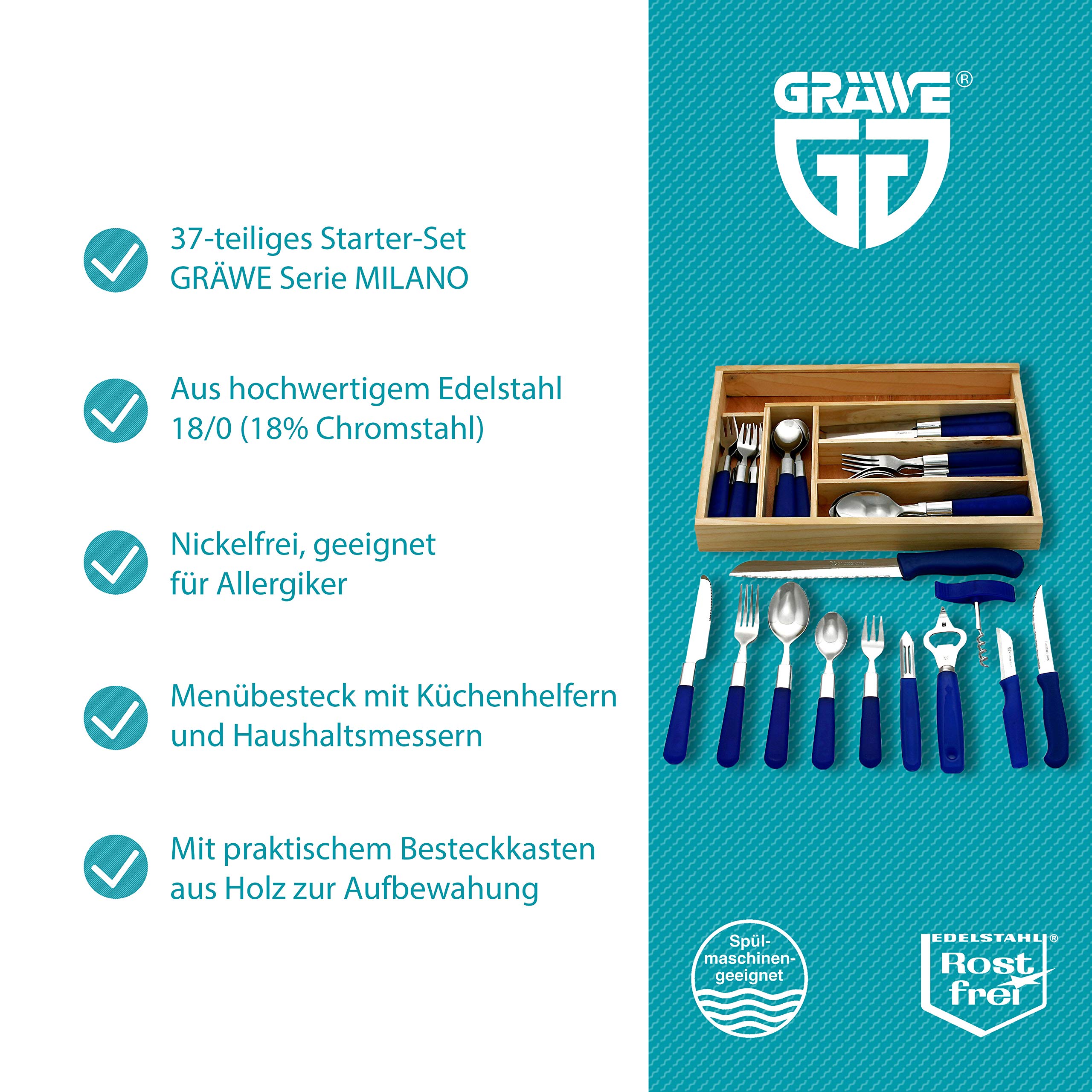 GRÄWE Starter-Set für 6 Personen, 37-teilig, Besteck aus Edelstahl, Menübesteck 30-teilig, inkl. 3 Küchenmesser, 3 Küchenhelfer, Schubladeneinsatz - Serie Milano