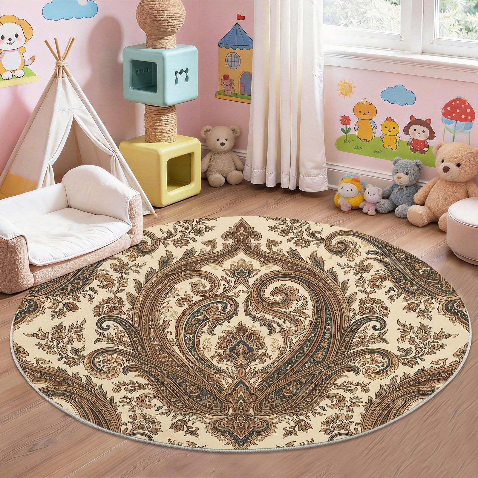 Runder Teppich 200 cm Viktorianisch Vintage, Waschbar Weicher Kurzflor Rund Teppich, Blau Traditionell Kunst Blumen Ranken Bordüre, für Wohnzimmer Schlafzimmer Kinderzimmer Esszimmer Küche Küche, Haushalt & Wohnen