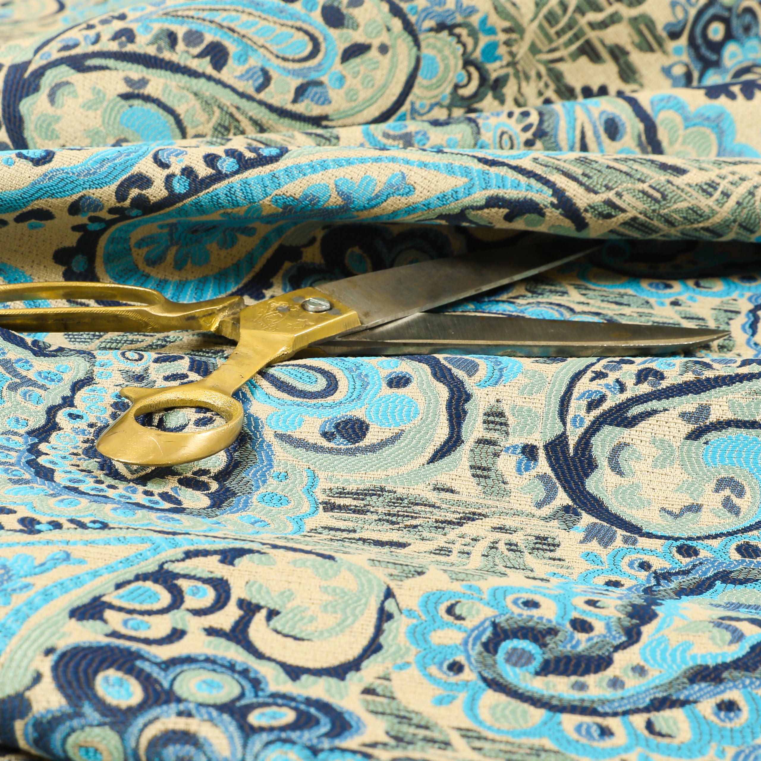 Redbrick Mill Fabrics Flame Retardant All Over Paisley Pattern Teal Blue Colour Chenille Upholstery Curtain Fabrics (Per Metre)
