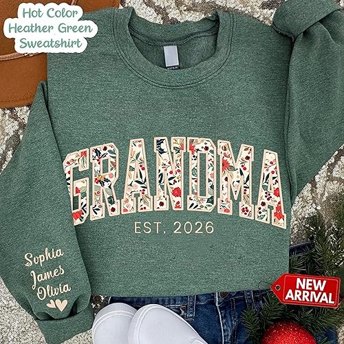 Miniatura 5 de Sudadera personalizada bordada con flores para abuela con nombres en la manga, regalo personalizado para abuela, sudadera con cuello redondo floral
