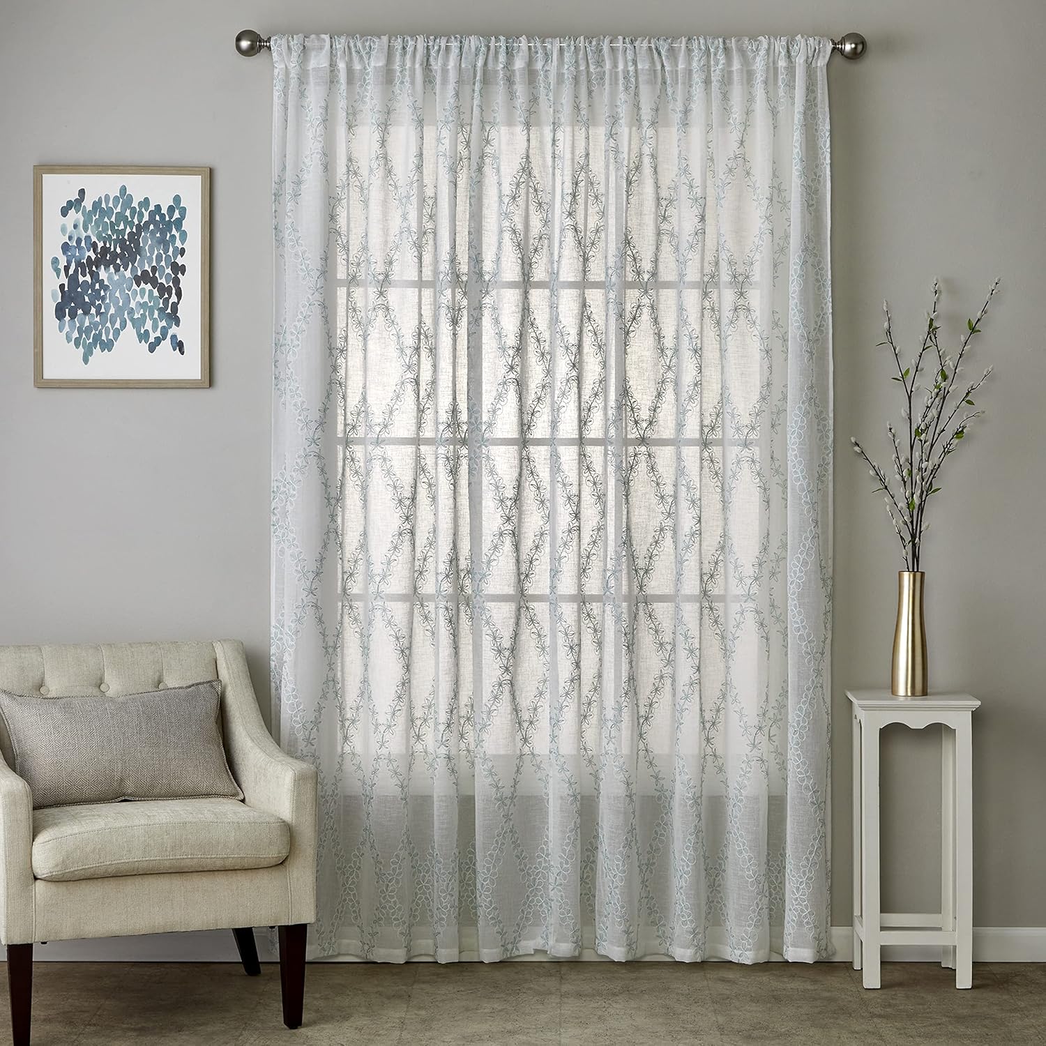 White Sheer Polyester Diamond Vine Rod Pocket Curtain Panel