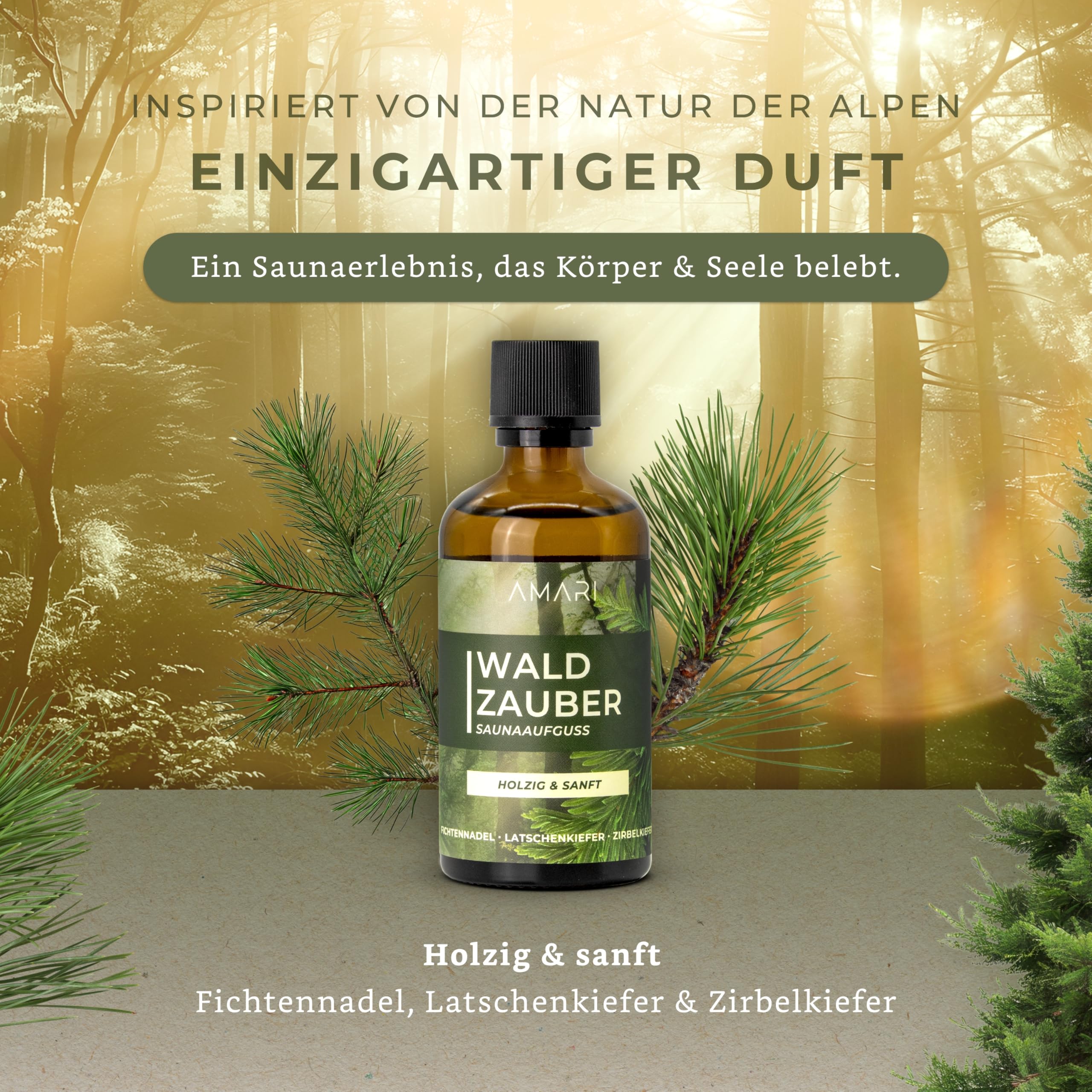 Amari ® Saunaaufguss Waldzauber – natürlicher Saunaduft mit Bio-Ethanol – Naturreine Ätherische Öle – Aufgussmittel, Sauna, Saunaöl, Duftöl