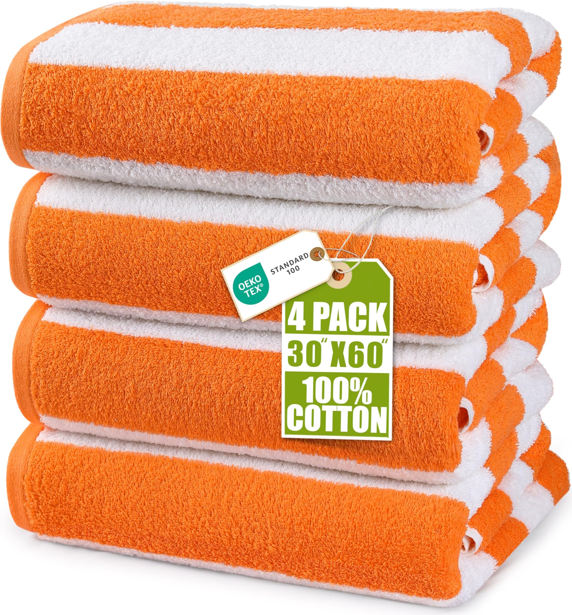 Utopia Towels Cabana Stripe Beach Towels (4 Pack, 30 x 60 Inches) - Large Pool Towels, Orange