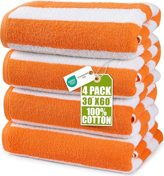 Utopia Towels Cabana Beach Towels, 4 Pack, 30x60 in, Cotton, Striped Orange | Oversized Lightweight Ring Spun Cotton Beach Towels for Pool & Swim Days - Soft, Quick-Drying, Modern Striped Design