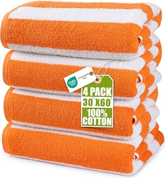 Utopia Towels Cabana Beach Towels, 4 Pack, 30x60 in, Cotton, Striped Orange | Oversized Lightweight Ring Spun Cotton Beach Towels for Pool & Swim Days - Soft, Quick-Drying, Modern Striped Design