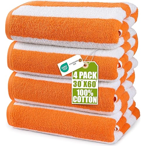 Utopia Towels 4 Pack Cabana Stripe Beach Towel, 30 by 60 Inches, Oversized 100% Ring Spun Cotton Pool Towels, Highly Absorbent Quick Dry Bath Towels for Beach, and Swim, Orange