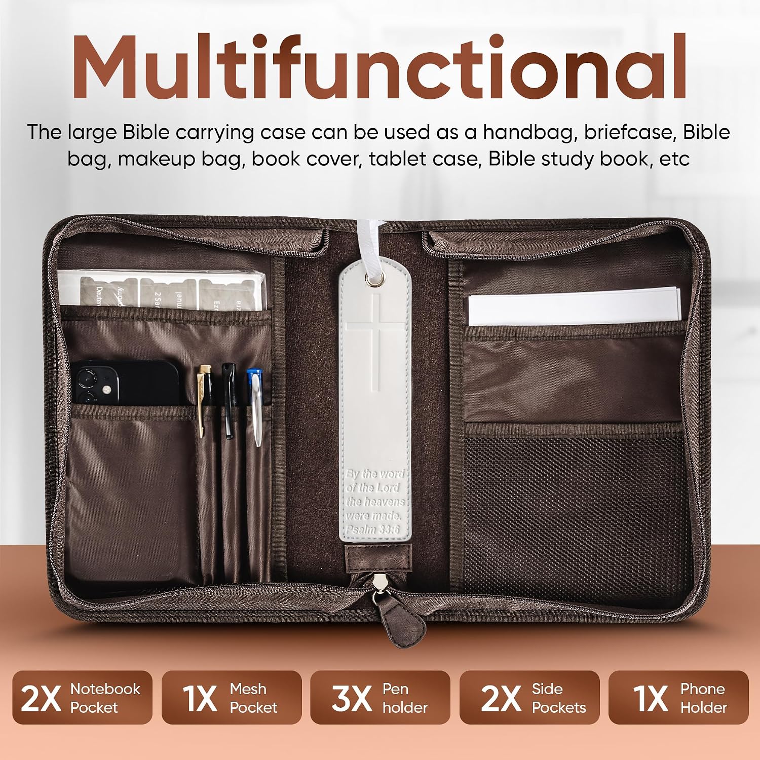 Bible Cover (U.S. Patent Pending), Discreet & Elegant Bible Case, Brown PU Leather Bible Cover, Cross Design Bible Bags, Strong and Sturdy Book Case, Includes Premium Bookmark