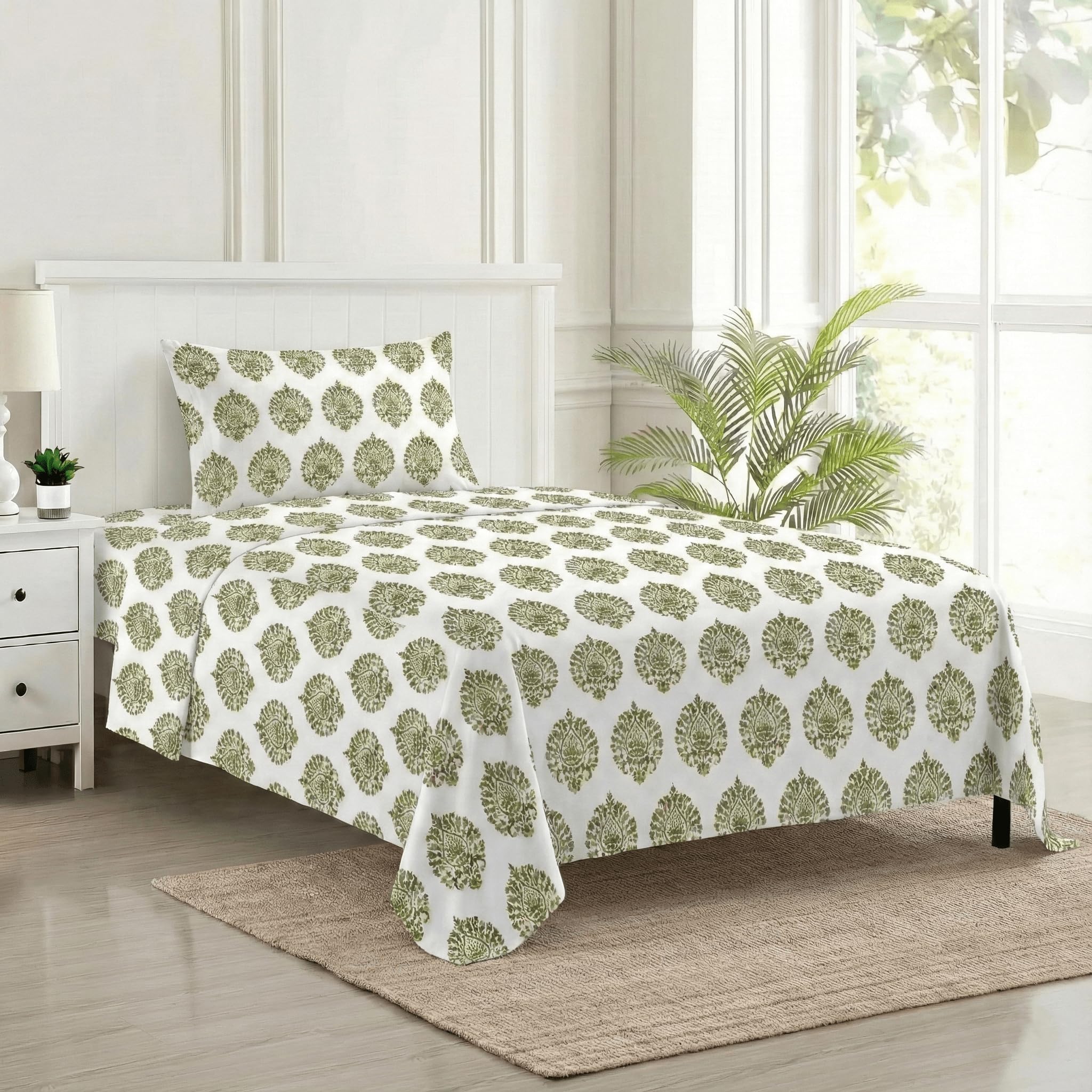 Trance Home Forest Green Cotton Queen Bedsheet Set -24