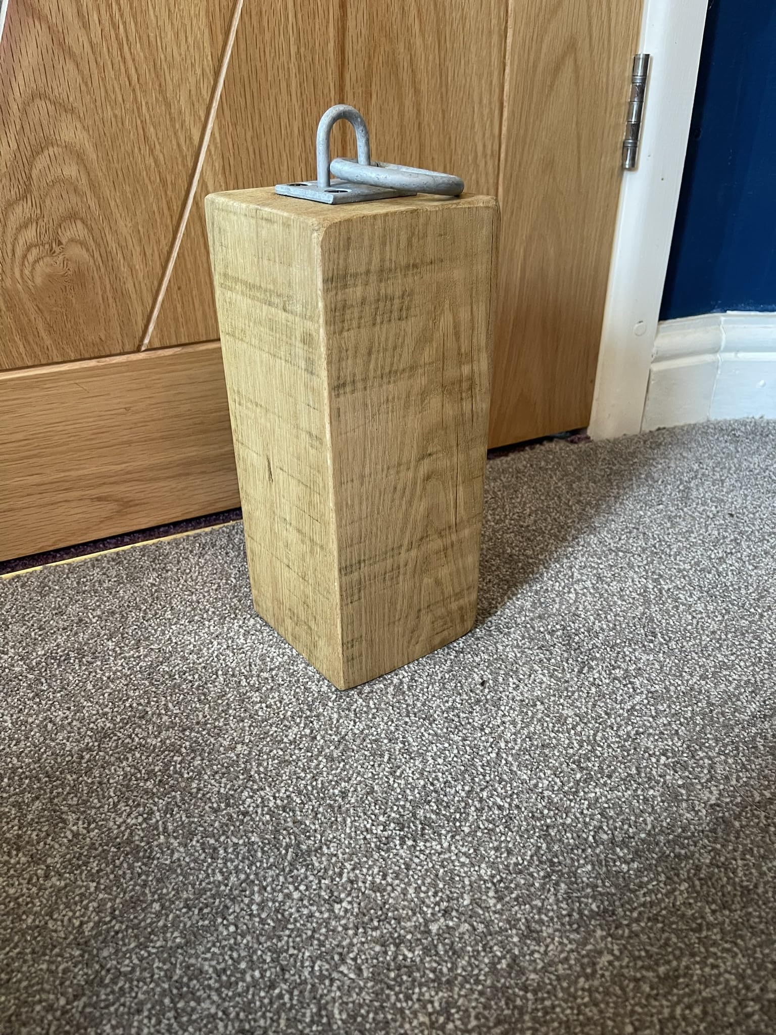 Urban Reclamation Rustic Chunky Oak Heavy Solid Wooden Door Stop | Handmade with Reclaimed Wood with Metal Ring Handle | FSC Certified (Galvanised, 15 cm)