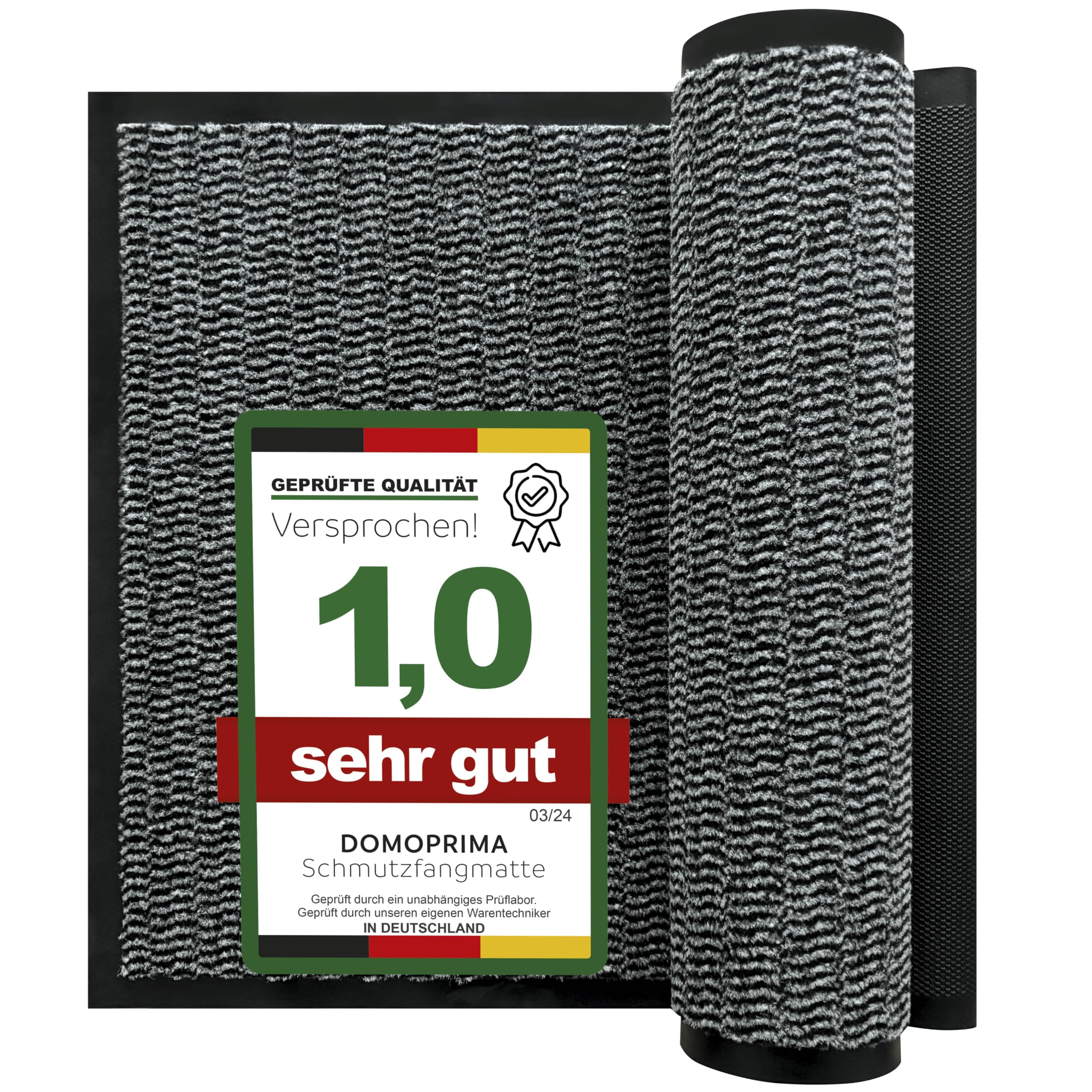 DOMOPRIMA® Premium Frisé Schmutzfangmatte in Gewerbequalität – Eingangsmatte für Büro, Praxis, Einzelhandel und Zuhause, rutschfest, geruchsneutral (grau meliert, 90 x 300 cm)