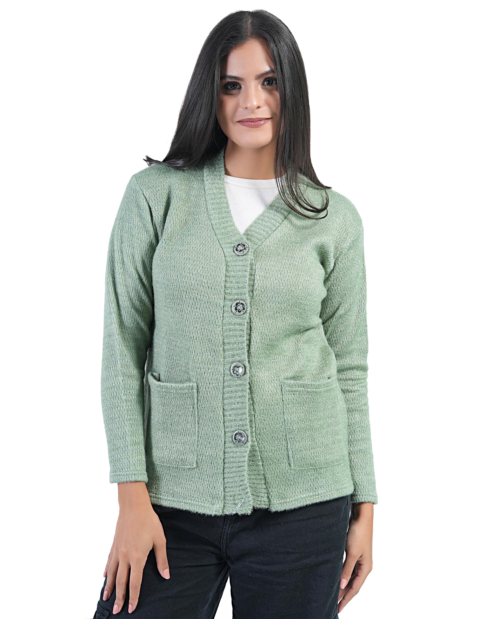Women V-Neck Casual Wear Stylish Cardigan Sweaters with Front Pockets for Winter wear (Women Baby Soft Pocket/38/ Olive Green)-image-3
