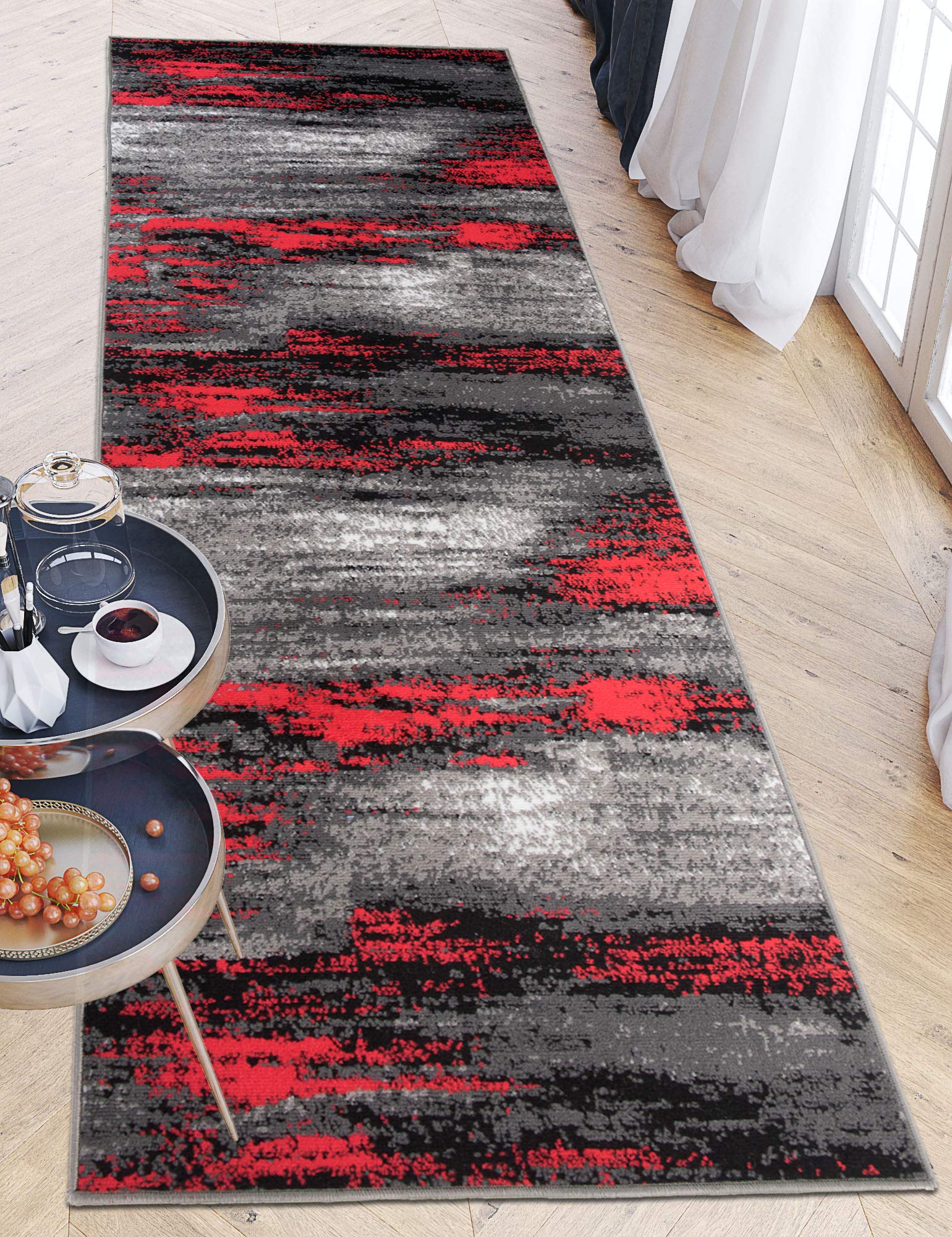 Carpeto Rugs Alfombra de Pasillo Moderna Larga de Pelo Corto de Diseño Abstracto ​- Alfombras de Pasillo por Metros - Alfombras para Pasillos Largo - Rojo Gris - 100 x 400 cm