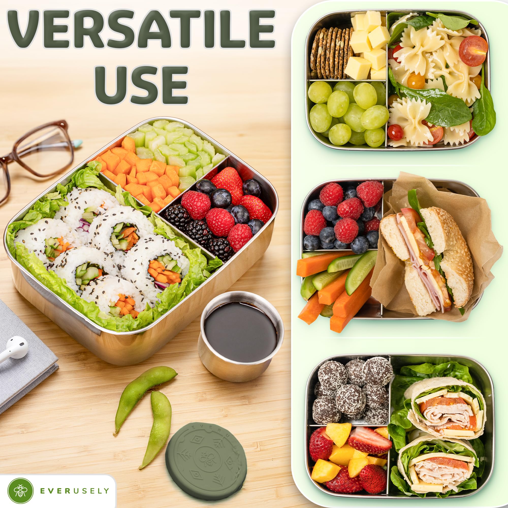 Everusely - Bento Box - Sage - 1.4 L - Stainless Steel Lunch Box with Leakproof Condiment Container - 3 Compartment Snack Container