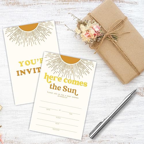 Miniatura 3 de Here Comes The Sun Baby Shower Invitación, 25 Invitaciones Retro Sun Baby Shower con sobres, rellena tarjetas de invitación de doble cara, recuerdos