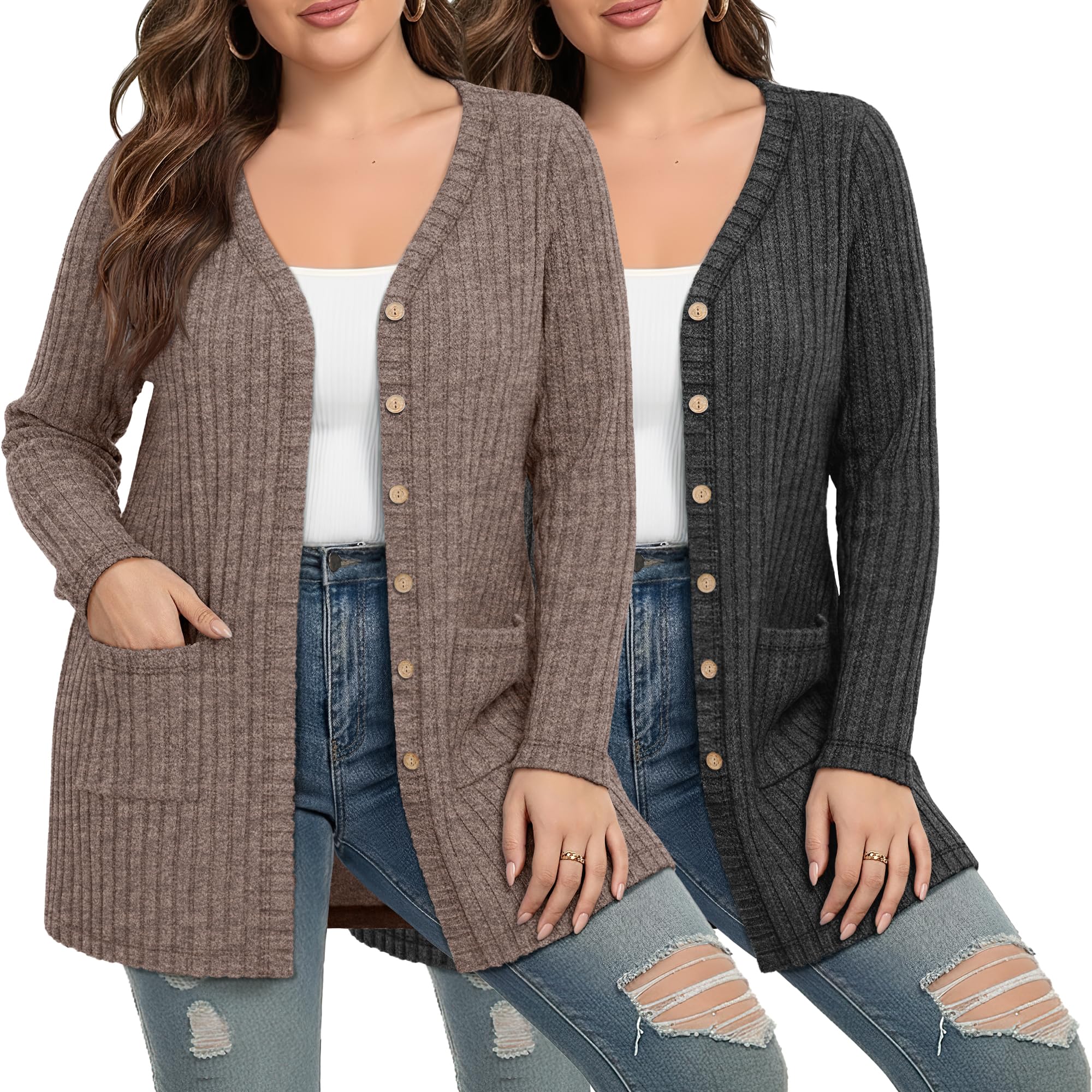 Huukeay 2 Pack Womens Plus Size Cardigan Open Front Long Sleeve Button Down Knit Casual Sweater Coat with