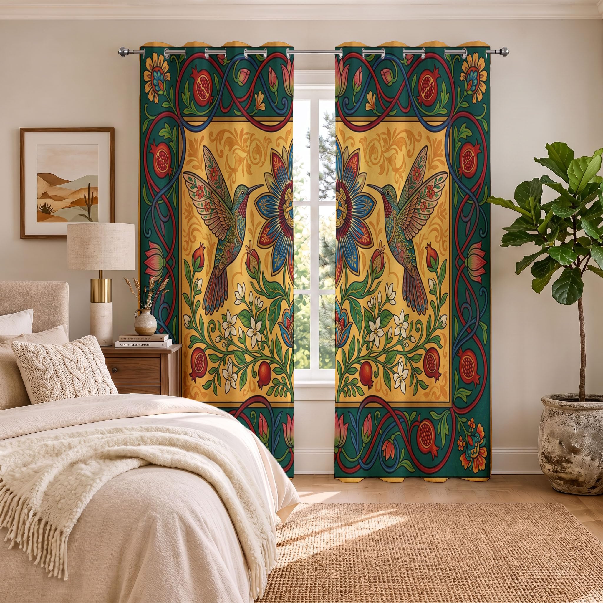 Vorhänge Kolibri Lotus Granatapfel, Verdunkelungsvorhang 2er Set - Retro-Ethno-Stil Vorhang Blickdicht, Thermovorhang Für Deko Wohnzimmer Schlafzimmer, Gardinen Mit ösen H 260 x B 140 cm