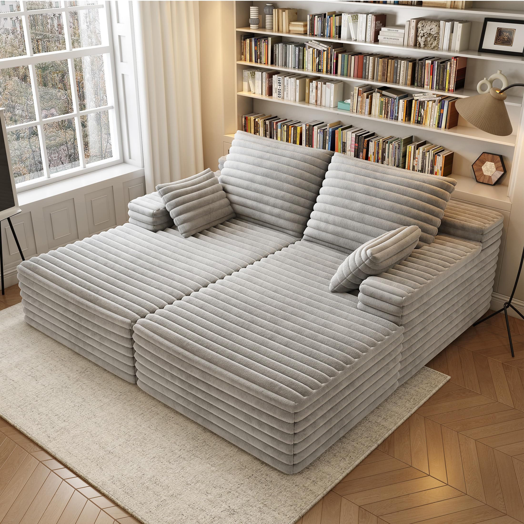 80" Oversized Double Chaise Lounge Chair, Plush Upholstered Sectional Sofa Bed, Deep Seat Sleeper Couch with Pillows, Modern Memory Foam Loveseat for