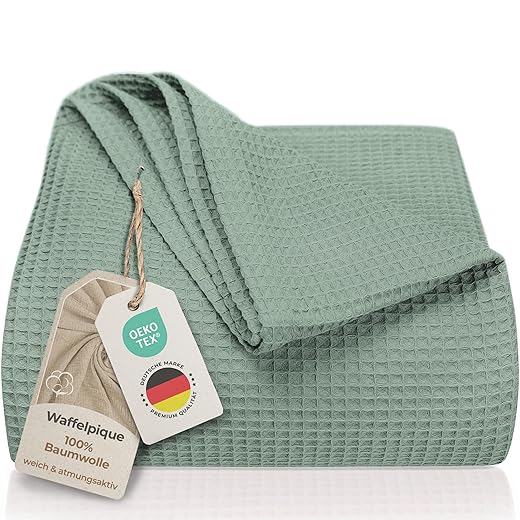 LAYNENBURG Bedspread 180 x 220 cm - Waffle Pique 100% Cotton - Light Summer Blanket - Cotton Blanket as Bed Blanket, Sofa Blanket, Sofa Blanket - Airy Sofa Blanket (Mint Green)