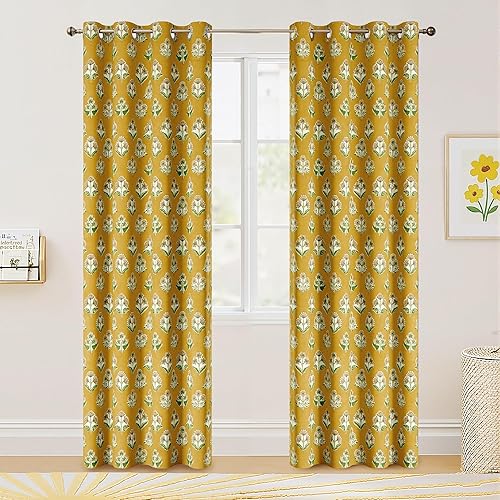 Miniatura 2 de RYB HOME 100% Blackout Mustard Yellow Floral Curtains for Living Room, Patterned Flower Curtains 84 Inches Long, Thermal Insulated Drapes Window