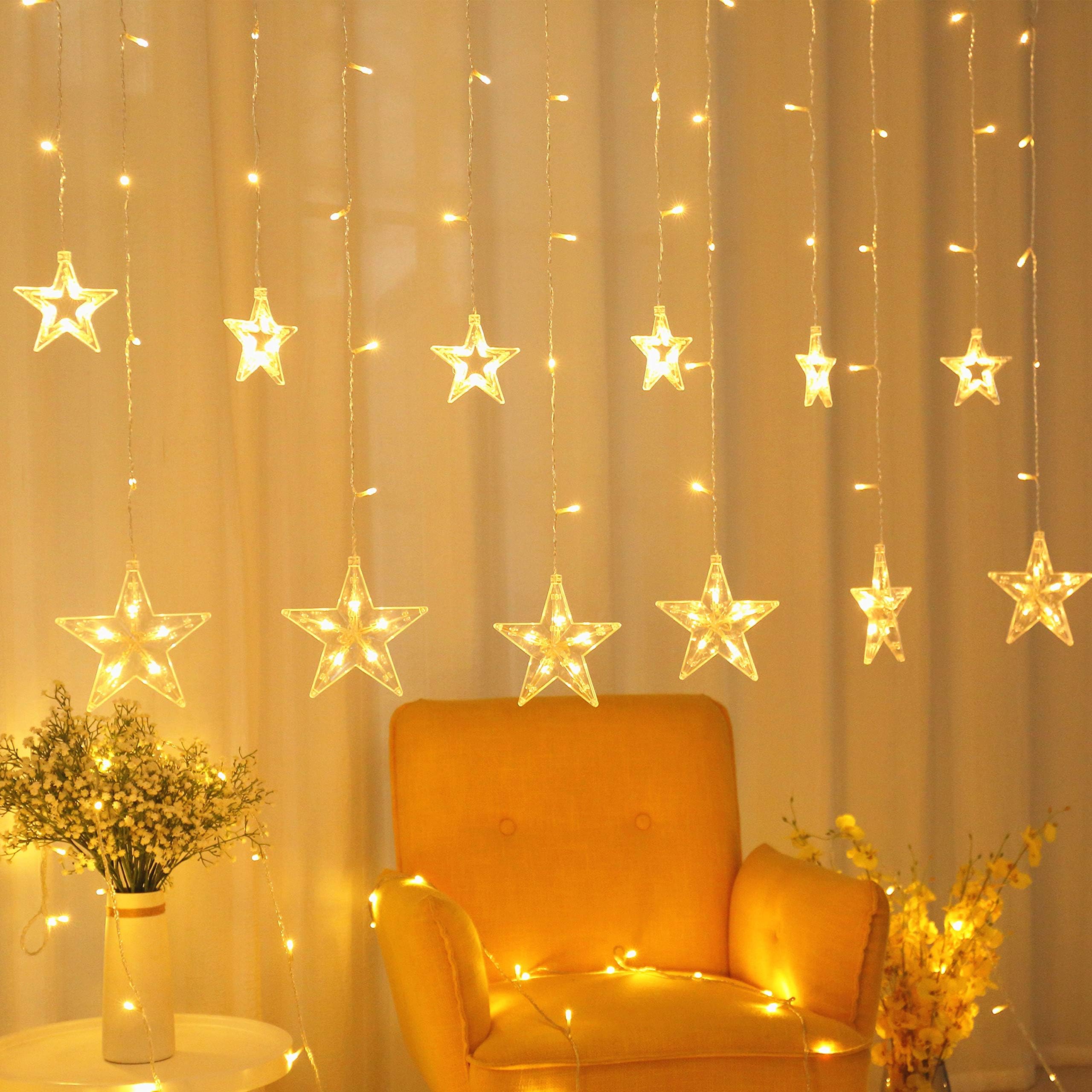 Areskey Star Christmas Lights,138 LED 12 Star Curtain String Lights,Waterproof Star Lights Decorative Bedroom Indoor Outdoor Window Wedding Party Garden,8 Modes RF Remote,Warm White