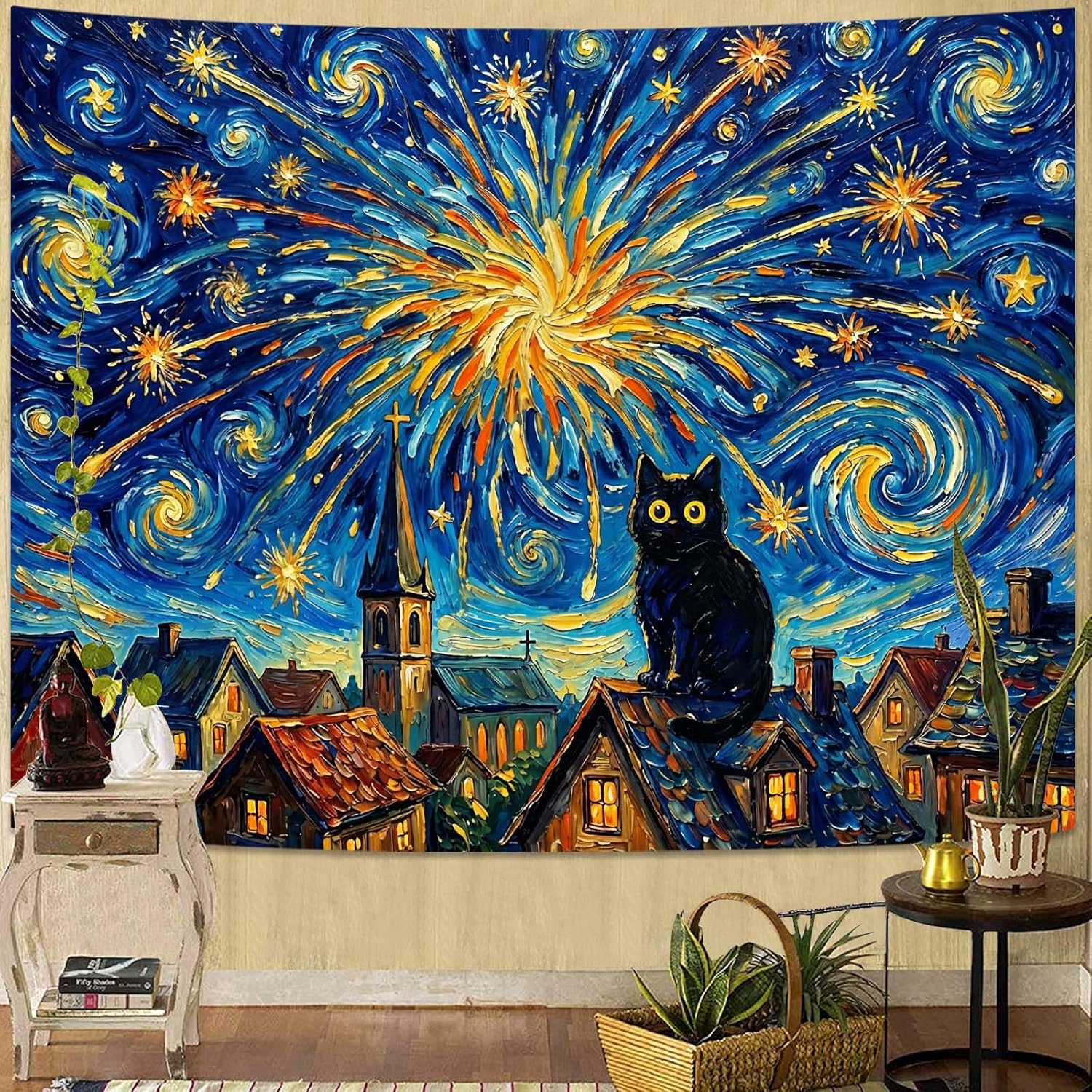 Spenlife Black Cat Starry Night Tapestry, Van Gogh Style Oil Painting Wall Decor, Whimsical Impressionist Art for Bedroom (90" x 70")