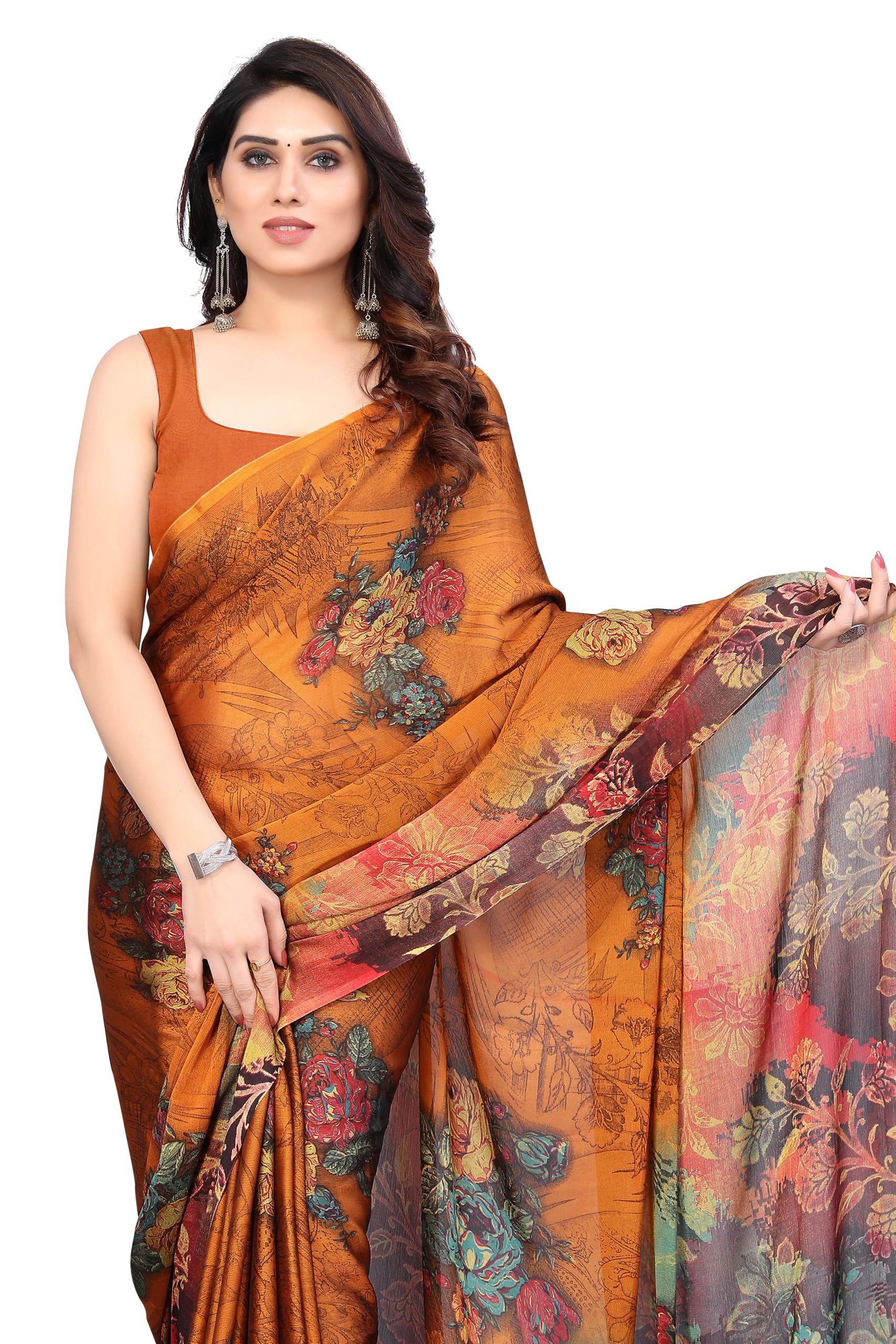 Women's Stylish Chiffon Floral Printed Saree with Blouse Piece